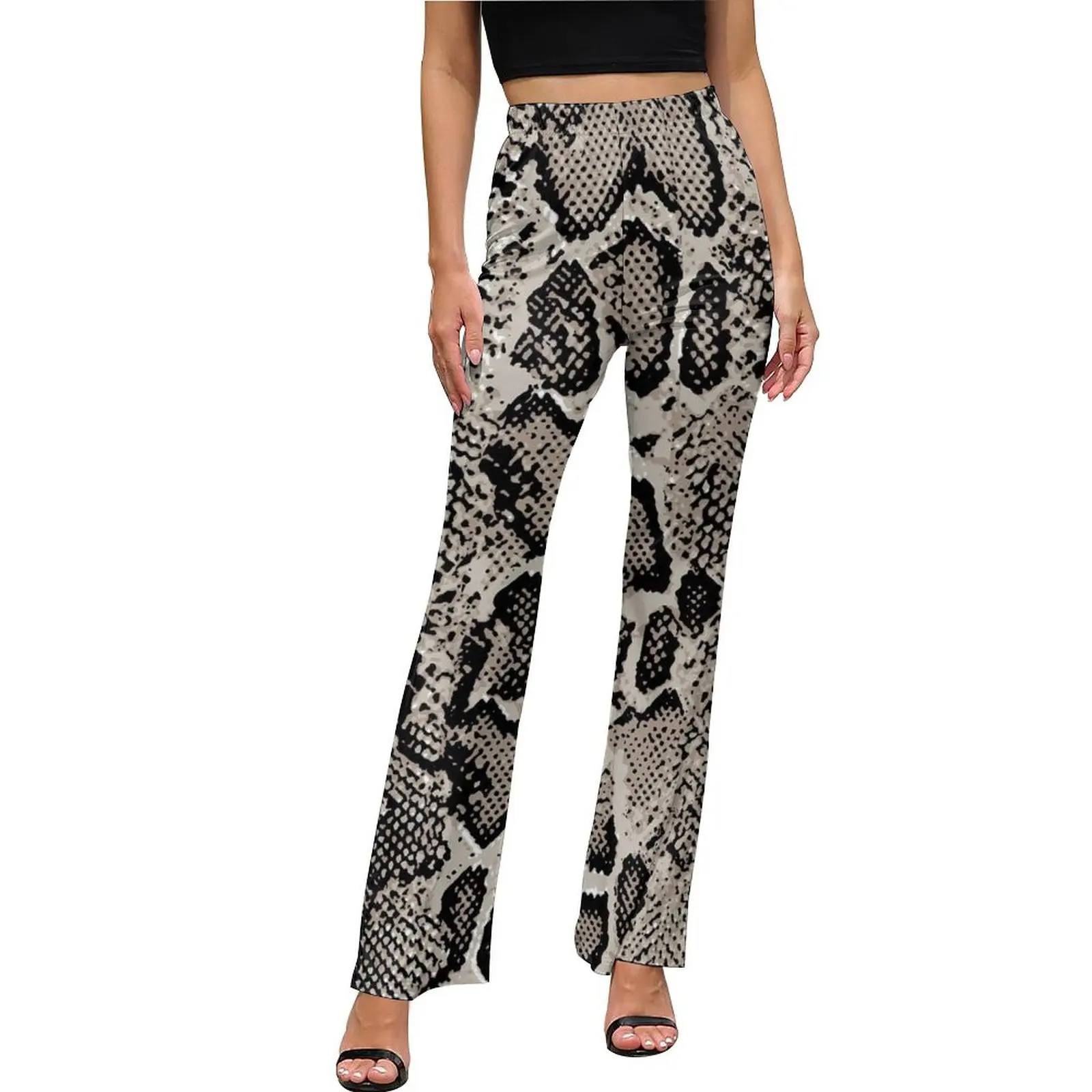 

Grey Snakeskin Casual Pants Women Animal Print Slim Street Fashion Flared Pants Autumn Office Graphic Trousers