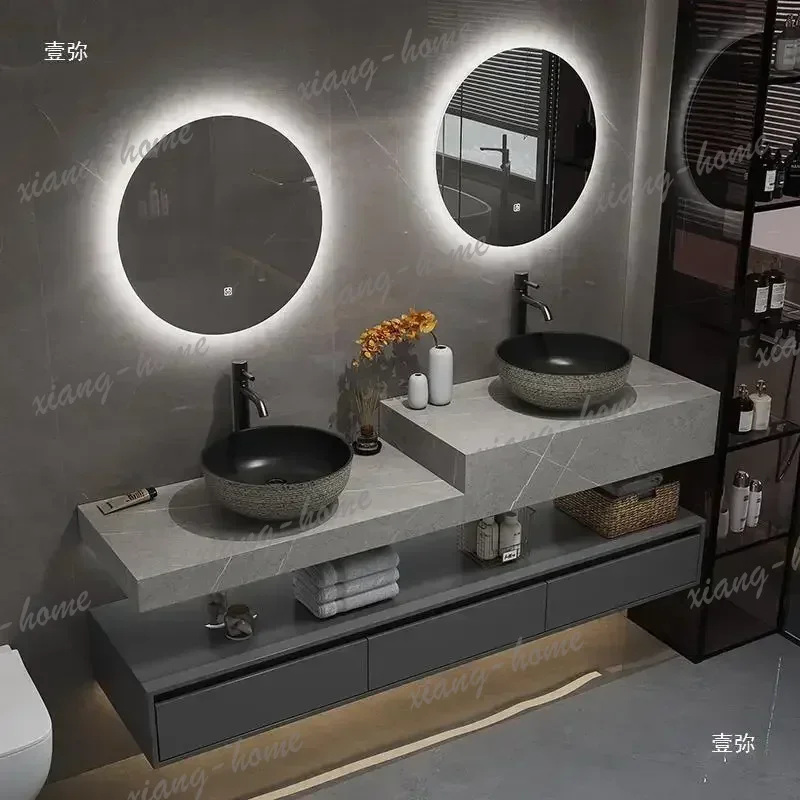 Modern Simple Slate Bathroom Cabinet with Smart Mirror Top Double Washbasin Bathroom Vanity Cabinet