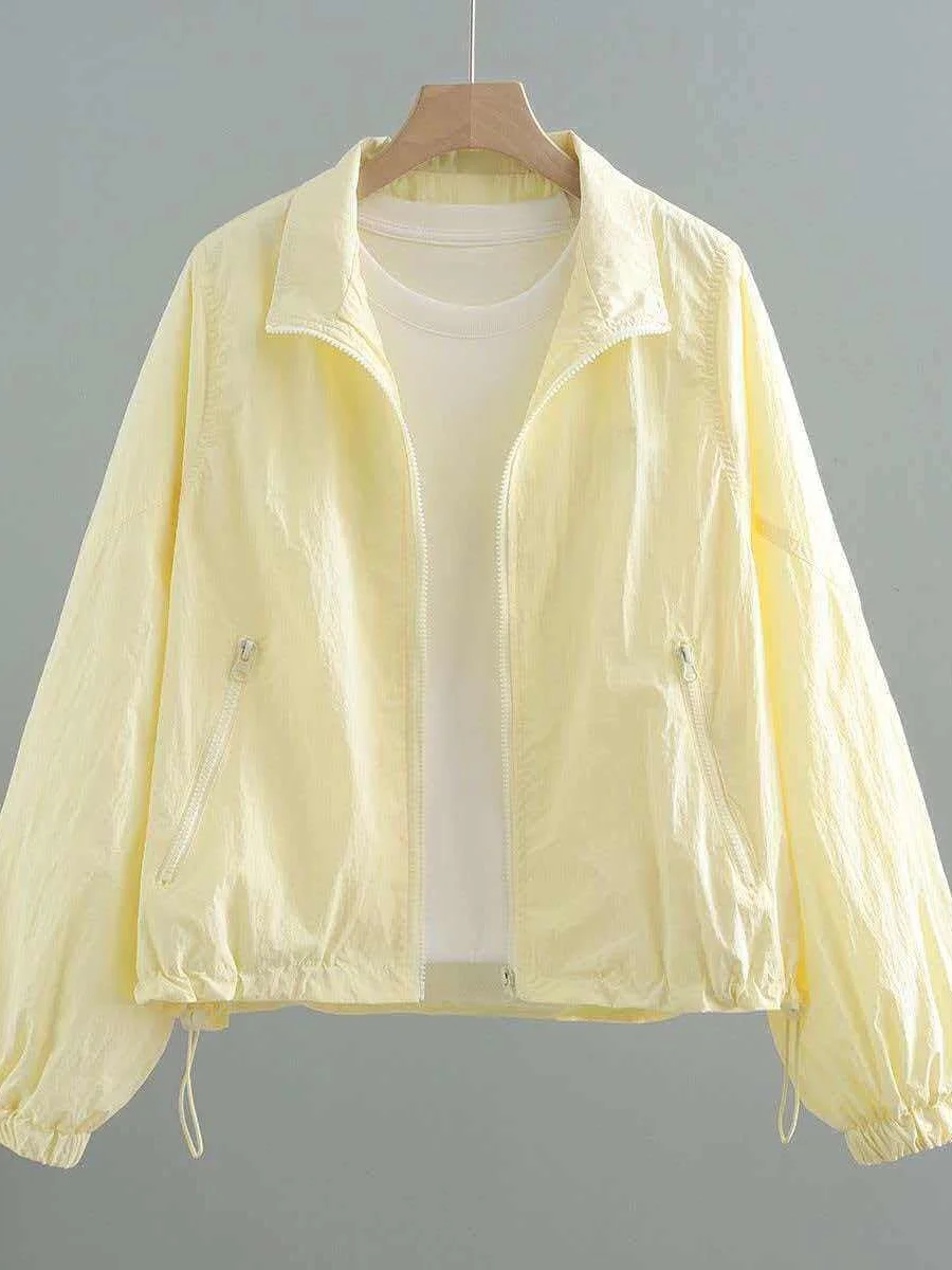 女性のショート軽量巾着日焼け防止ジャケット夏新韓国ルーズ多用途アウトドア服防風