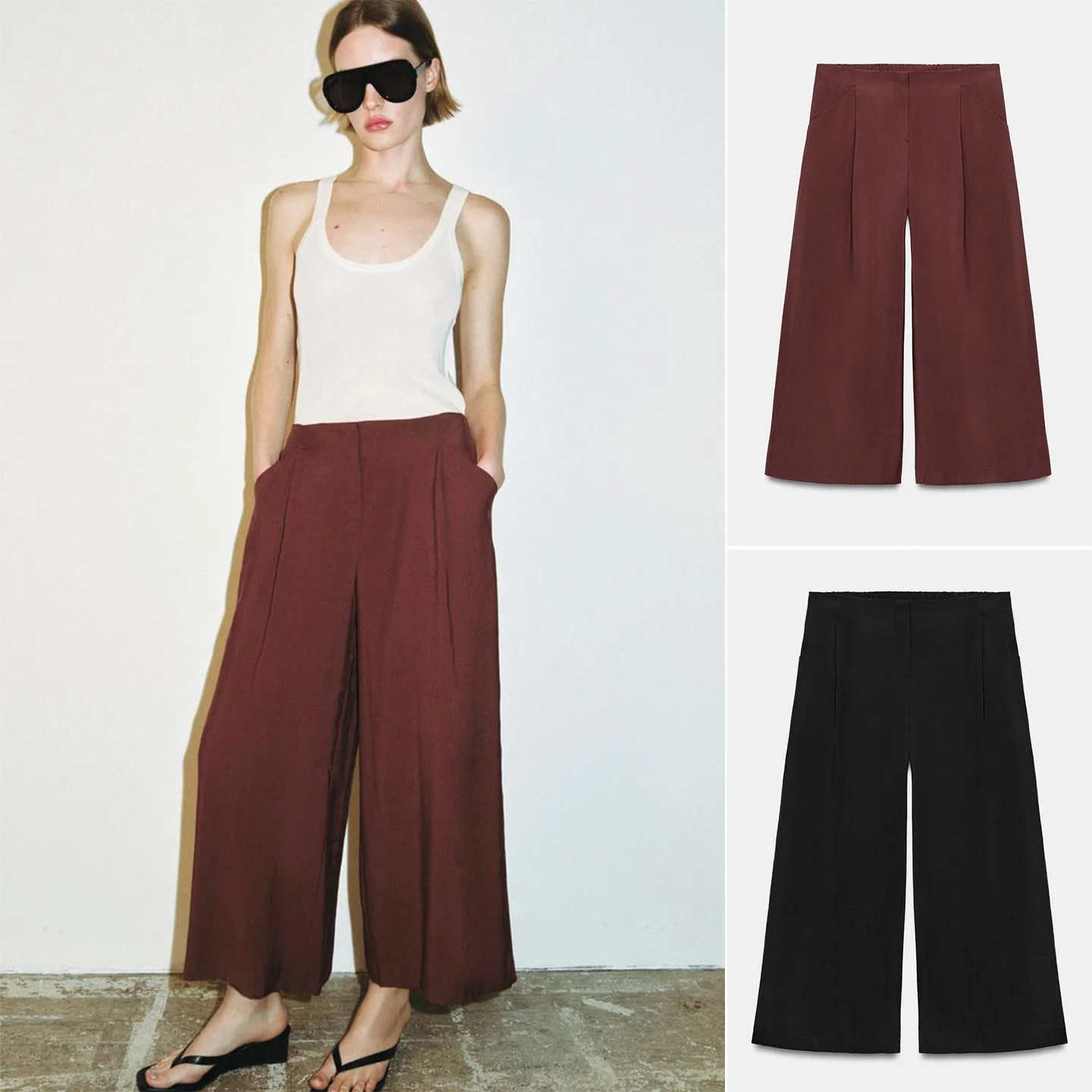 Spring New Women's Casual Zipper Waist Loose Wide Leg Pants Pleated Commuter Style Polyester Fiber Natural Waist Trousers