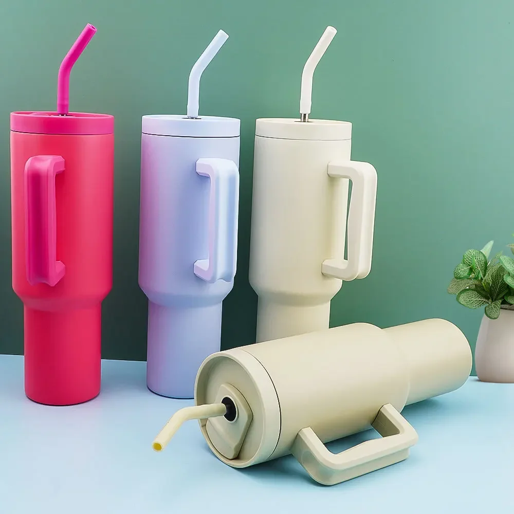 Stainless Steel Vacuum Flasks/Portable Thermos Cup with Straw, Neo-Chinese Handle, Thickened Anti-Fall Double Cup, 40oz/1200ml