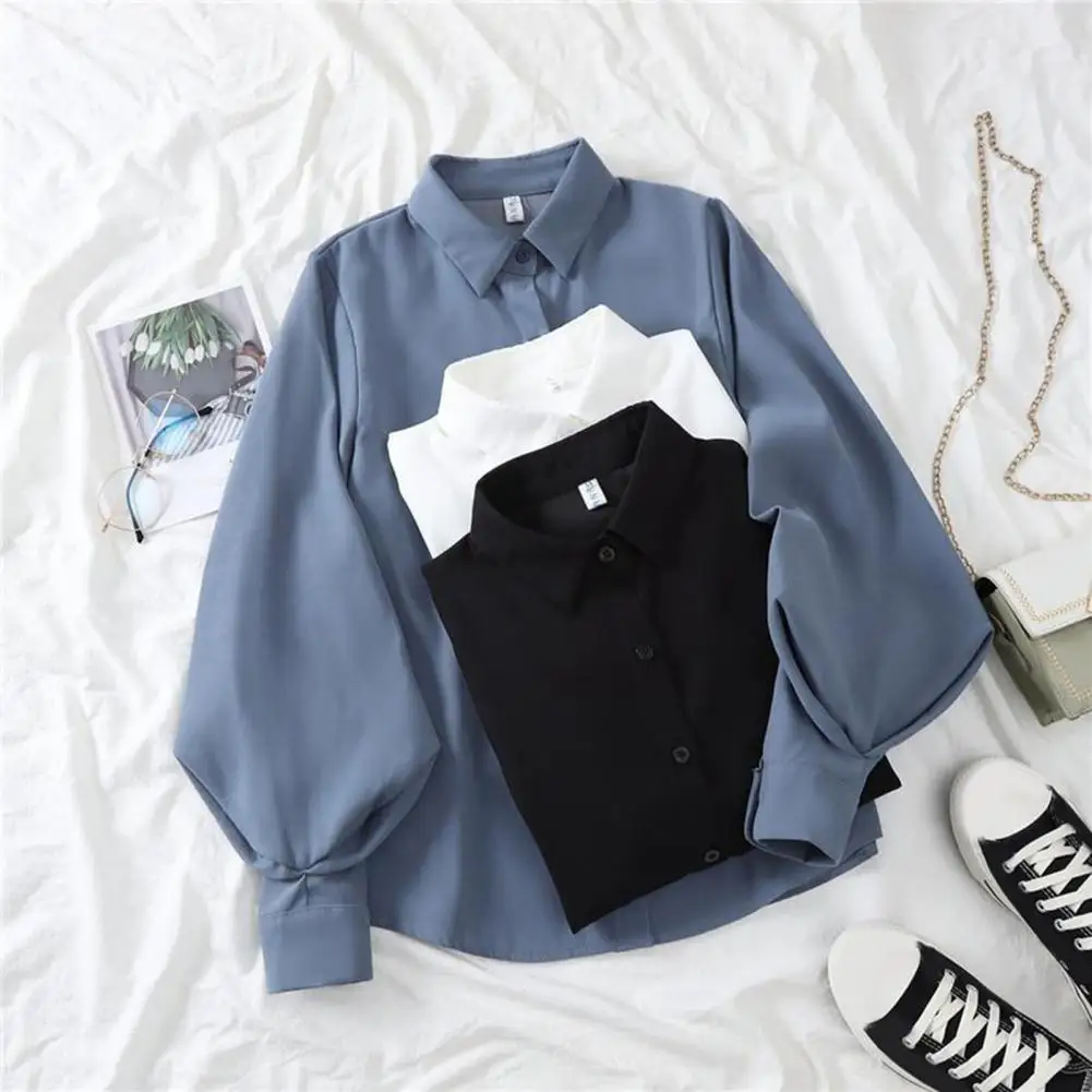 Women Casual Shirt Lapel Lantern Long Sleeve Baggy Shirt Top Solid Color Blouse Single Breasted Shirt Tops Streetwear 블라우스