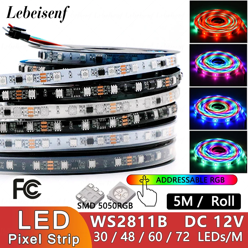 

Светодиодная лента WS2811 RGB IC 5050 SMD, 5 м/рулон, 12 В постоянного тока, светодиоды 150 или 300, цифровые водонепроницаемые гибкие волшебные цветные лампы