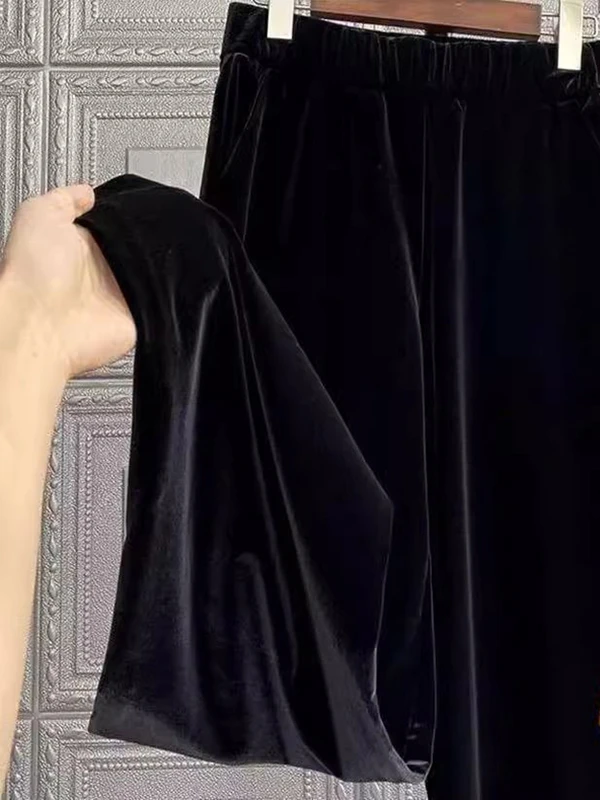 플러스 사이즈 여성용 하이웨이스트 벨벳 와이드 레그 팬츠 루즈핏 밴딩 캐주얼 바지 슬리밍 트렌디 플러스 사이즈 패션