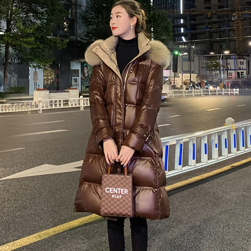 New Women's Long Down Jacket Fox Fur Collar Winter Warm Coat Hooded Parker Overcoat Female Casual 90% White Duck Down Outerwear