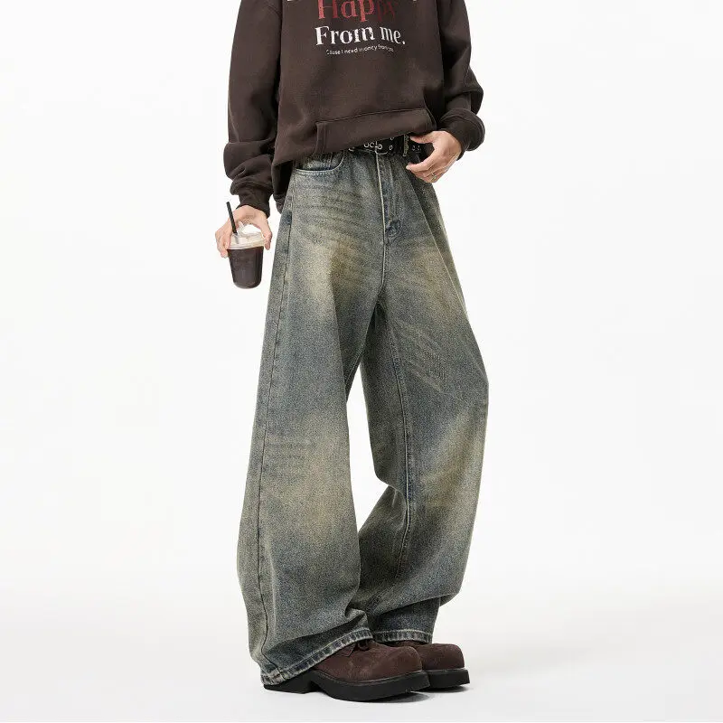 

Мужские свободные прямые широкие джинсы, потертые винтажные джинсовые брюки большого размера длиной до пола, повседневная уличная одежда, мода 2025 г.