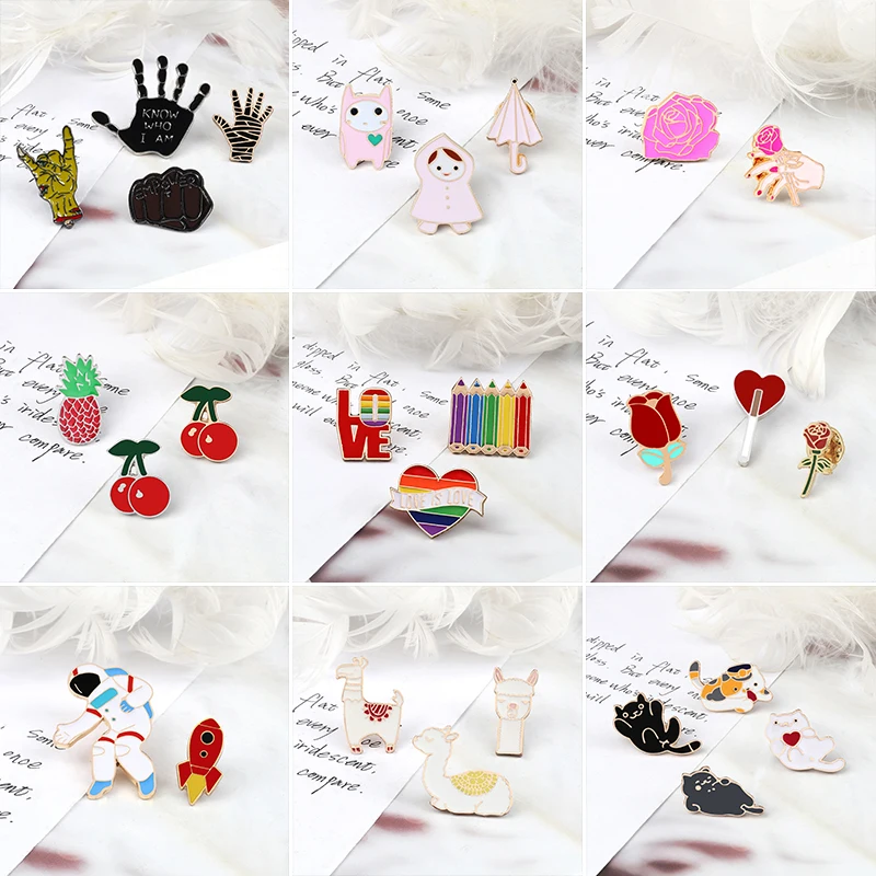 2-4Pcs/Set Rainbow Metal Pins Men Punk Gesture Brooches Cute Cat Alpaca Badges Women Rose Flower Lapel Pin Jewelry Gift for Kids