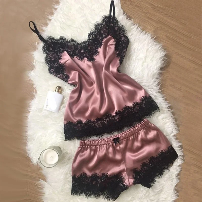 Pyjama à Col en V en Satin et Dentelle Couleur Noire pour Femme, Vêtements de Nuit Sans Manches en Soie, Tenue Sexy et Mignonne, Haut et Short