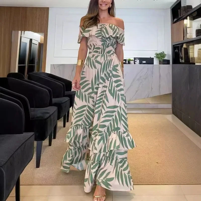 

Summer Bohemian Dress Women 2023 Casual Beach Style Off Shoulder Dress Short Sleeves Slash Neck Floral Boho Long Dresses Платье