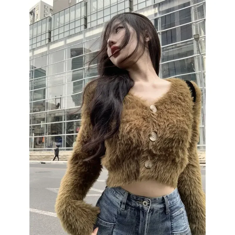 Fluffy Cropped Cardigan Faux Mink Knitted Cardigan Streetwear V-neck Purple Soft Sweater Women Long Sleeve Tops Trend Short Coat