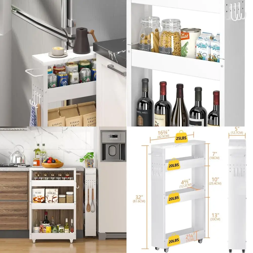 

Narrow 4-Tier Rolling Kitchen Cart with Handle, White Metal Storage Shelf for Small Spaces