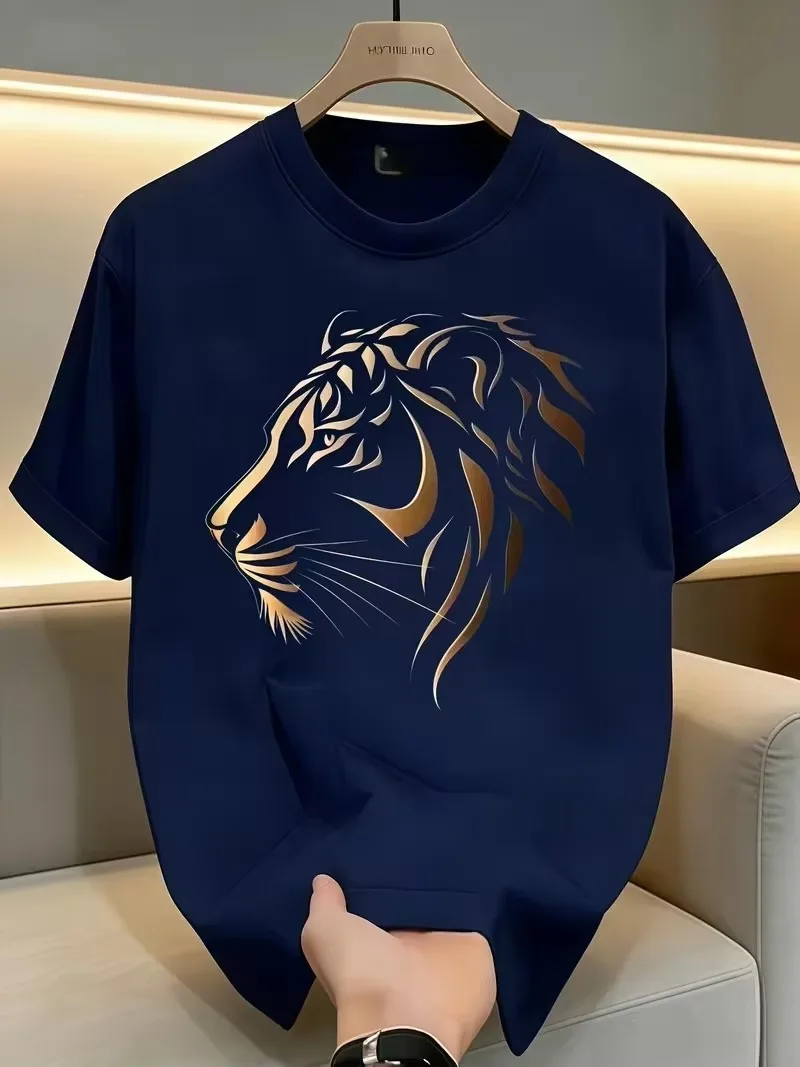 2026 New Pop Oversized Unisex Streetwear T Shirt Family Matching Golden Tiger Head Line Art Front Print Black Short Sleeve Tee
