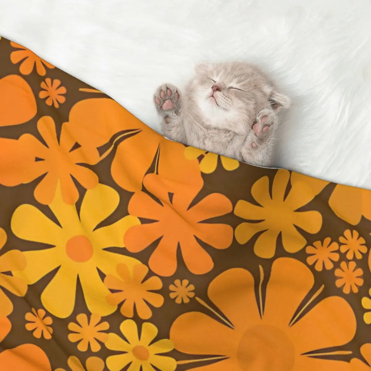 Retro 60s 70s Aesthetic Floral Pattern In 1970s Dark Brown Orange Mustard Yellow Warm Pet Blanket