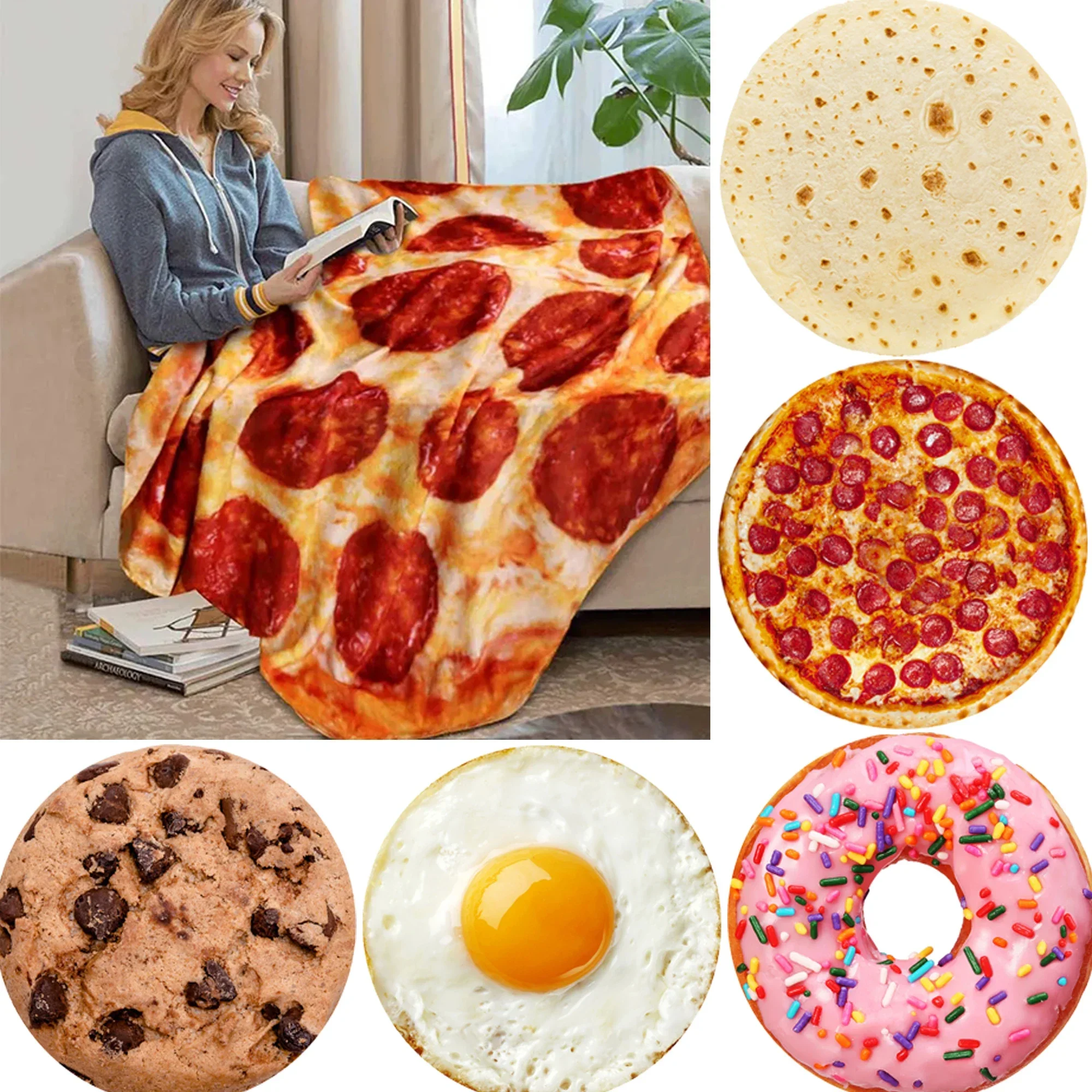 Warm Pizza Food Blanket Super Soft Plush Throw Blankets for Bed Sofa Bedspread Decorative Camping Winter Warm Round Blanket