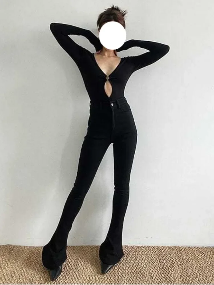 Seksowne body z wycięciami damskie Bodycon Hotsweet z długim rękawem na wszystkie mecze główna ulica klub nocny damskie dekolt w serek moda wygodne
