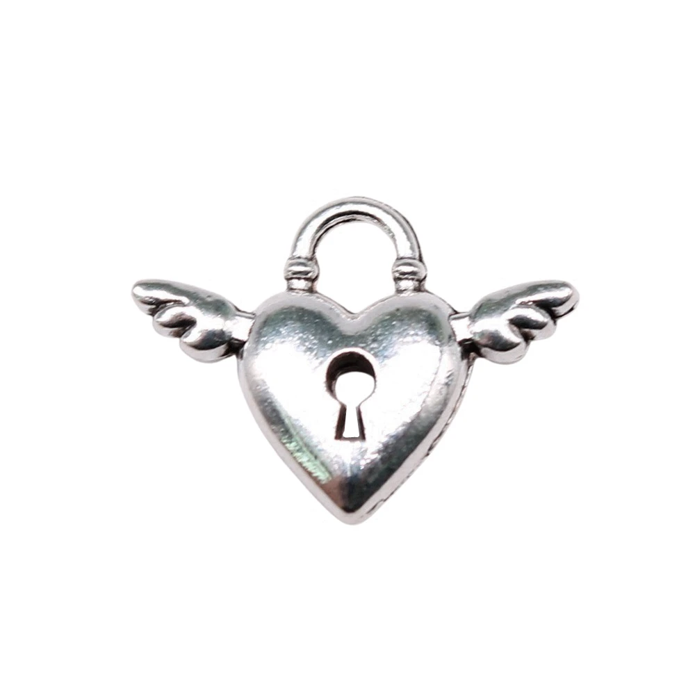 20pcs/lot 18x13mm Wing Heart Lock Charms For Jewelry Making Antique Silver Color 0.71x0.51inch