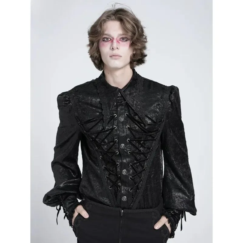 Men Gothic Long Sleeve Shirt Woven Rope Design Dark Punk Streetwear Casual Top SHT136