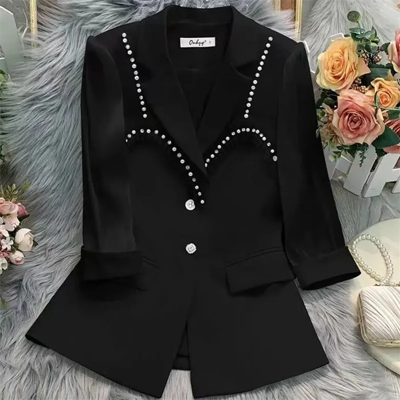 Suit Jacket Women\'s Spring/Summer 2024 New Heavy Industry Beaded Pleated Jackets Outwear Fashion Cropped Sleeve Blazer Coat