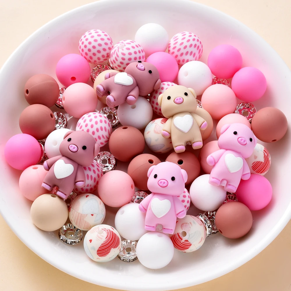 28Pcs  Animal&Round Silicone Bead Set Pig Shaped Beads for Baby Pacifier Chain Bracelet Bagle Necklace Making Accessory