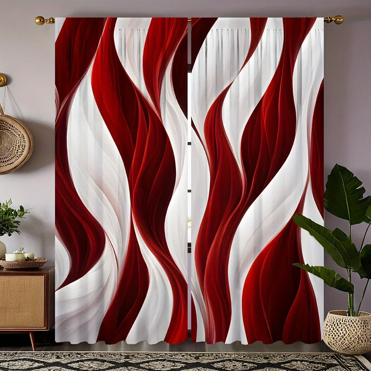 Elegant red and white abstract wave-printed curtains, pole bag curtains, home decoration, room decoration