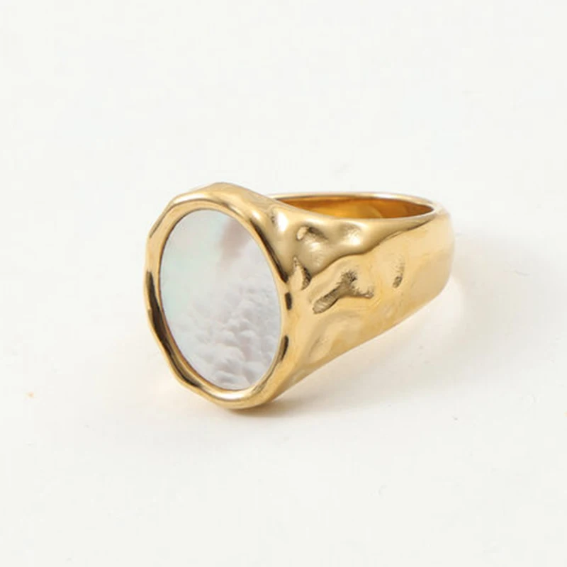 Chunky White Shell Ring for Women Quality Gold Plated Stainless Steel Meteor Crater Signet Ring