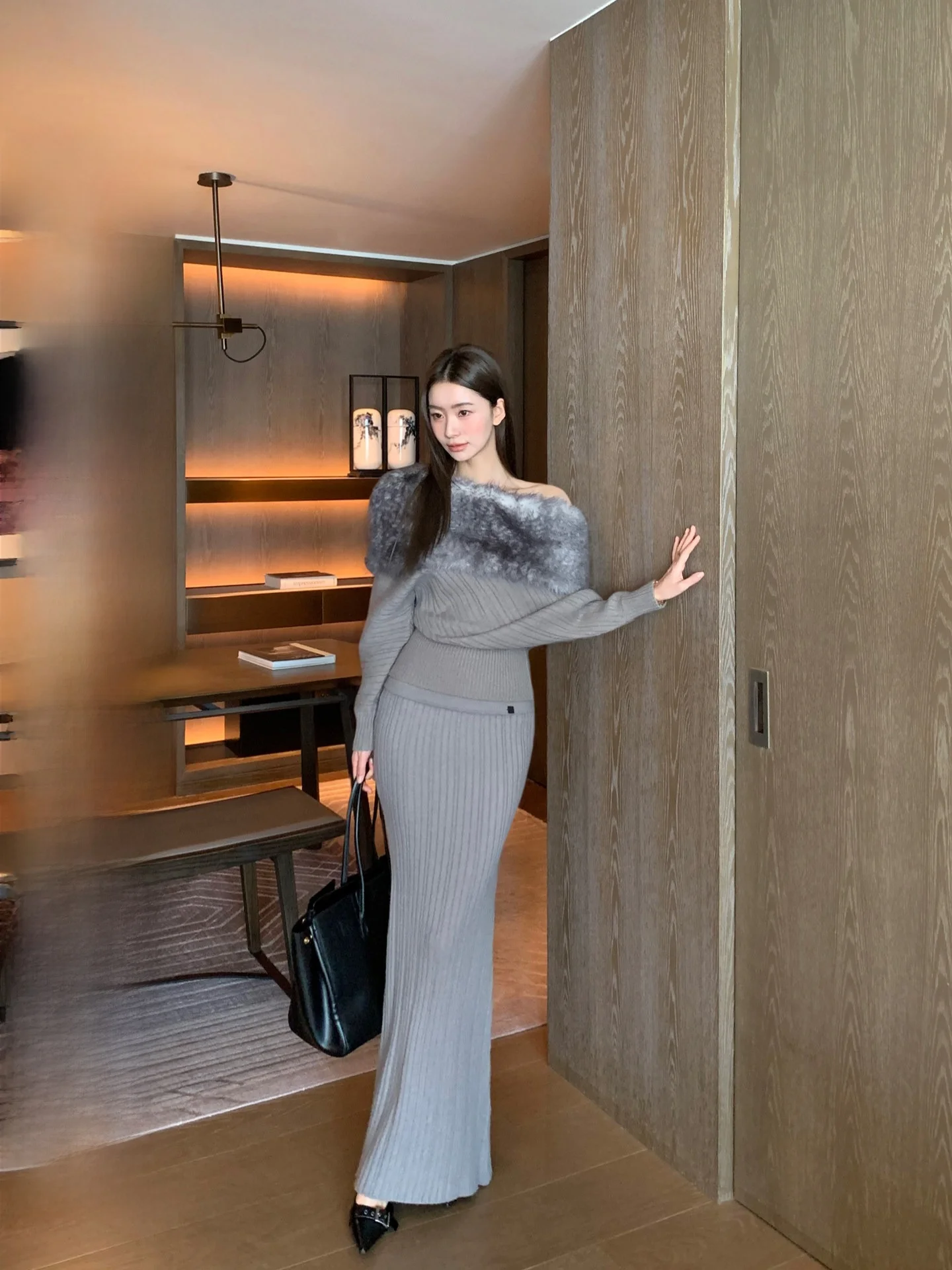 

Вязаный свитер Buleng с меховым воротником, женский зимний модный комплект с юбкой, облегающий, с длинными рукавами