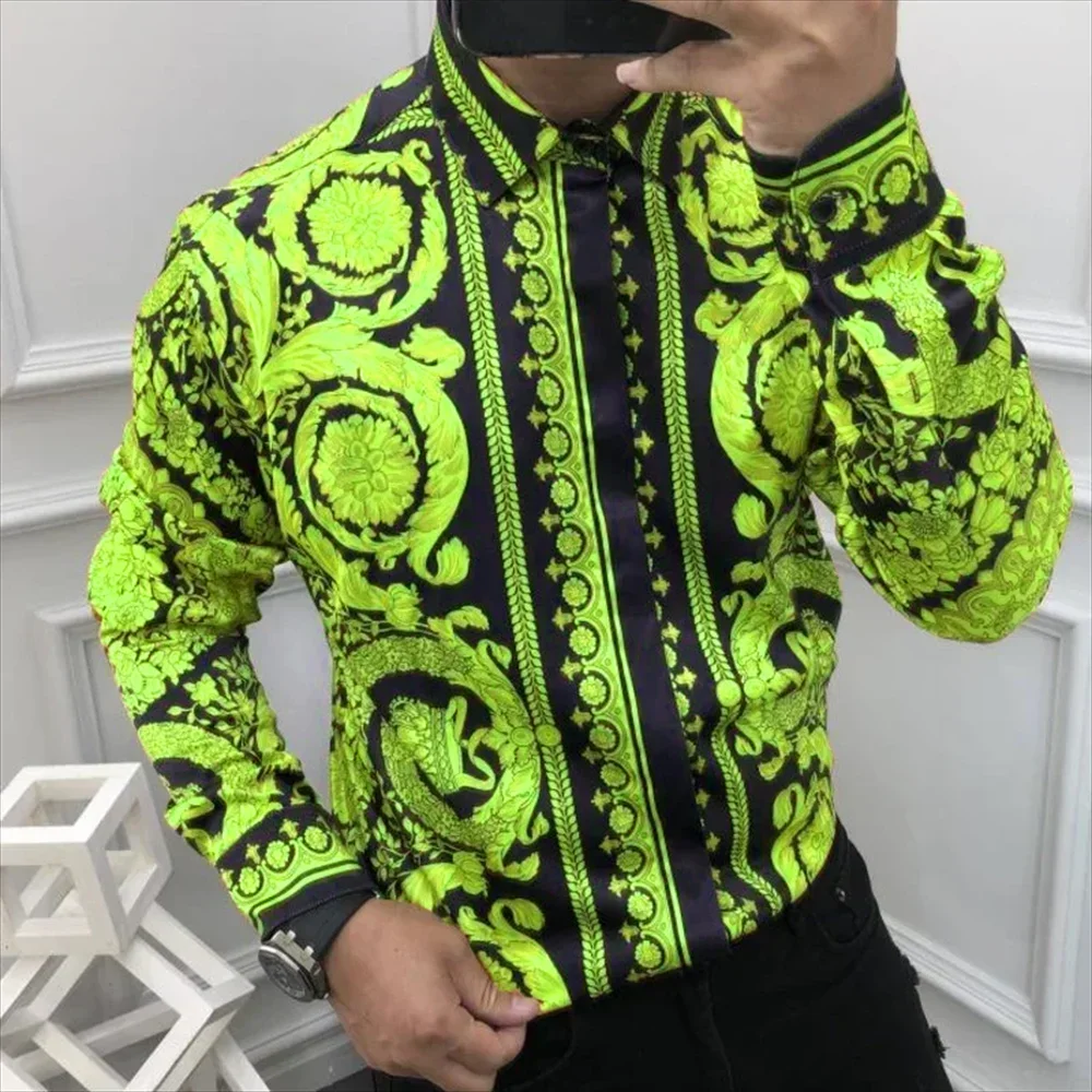 Venda quente 2024 nova camisa de manga comprida masculina com impressão social 3d, moda luxo floral casual street wear, mais si