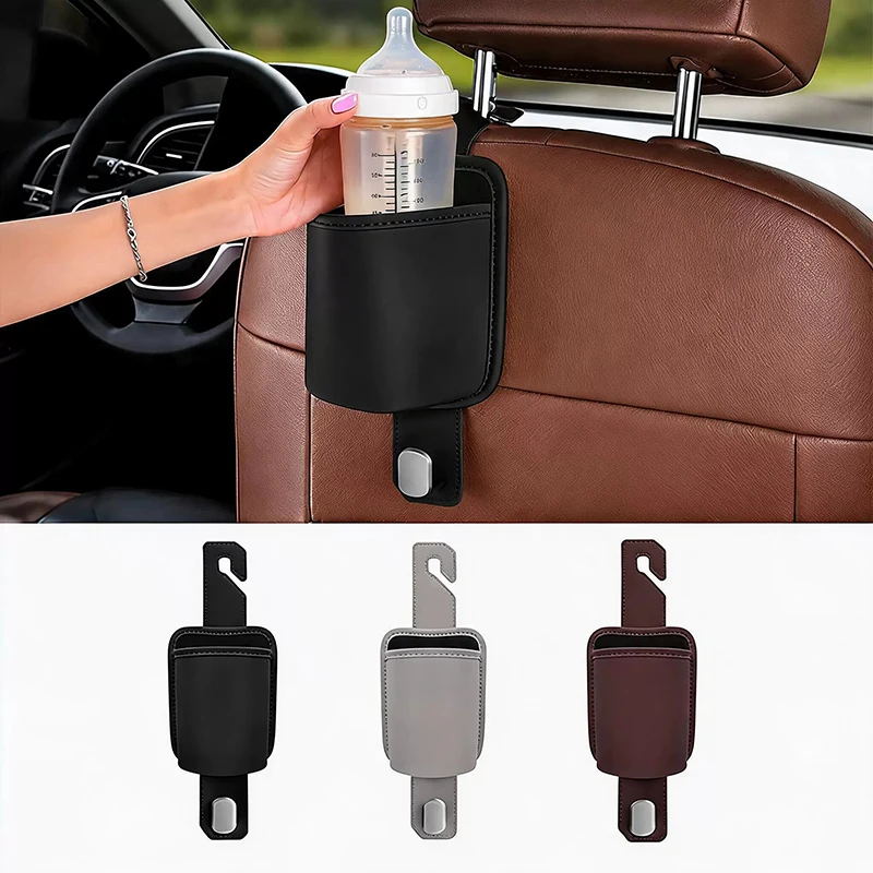 Support de biberon pour siège auto, avec accoudoir pour bébé, poche arrière pour gobelet et crochets de suspension pour ranger jouets, couches et objets lourds.
