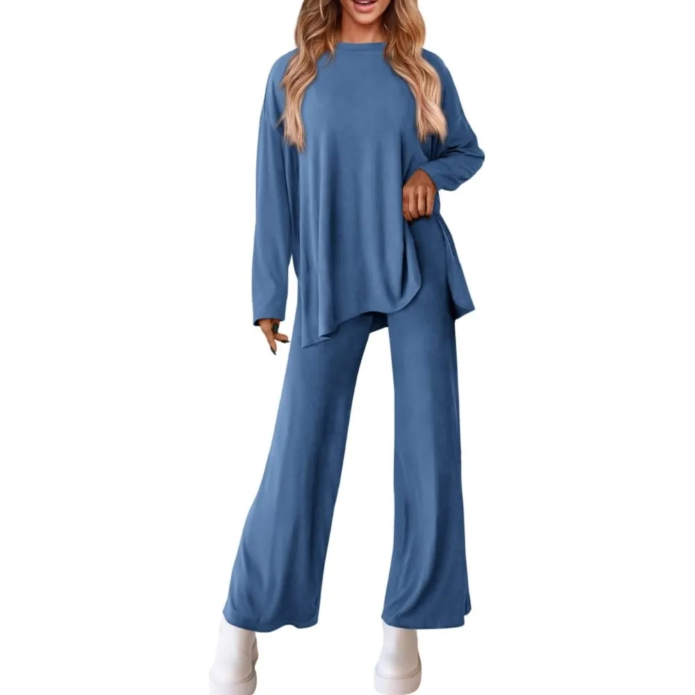 

Осенняя свободная футболка с круглым вырезом и длинными рукавами, женский комплект из 2 предметов, модные топы с разрезом, простые повседневные длинные брюки, женский комплект домашней одежды