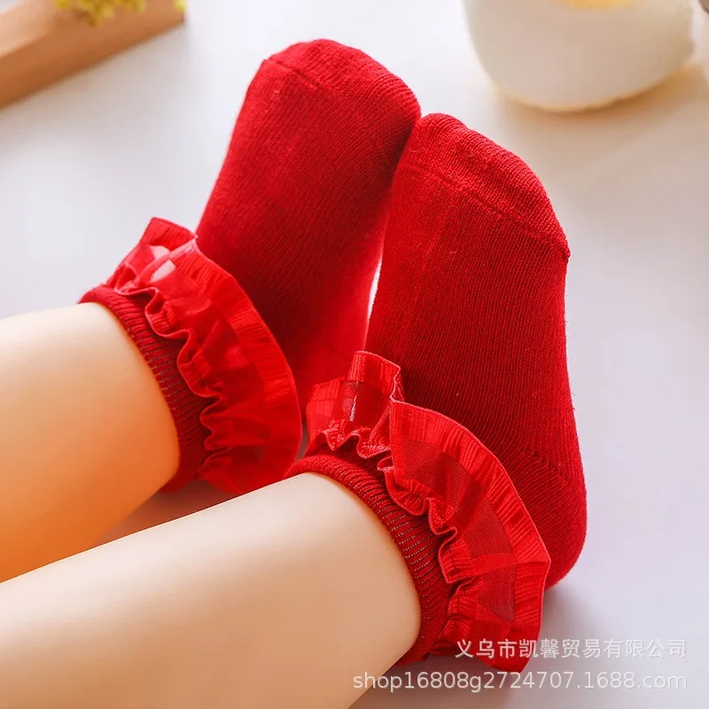 2024 New Spring and Autumn Children\'s Baby Cold Warm Lace Lace Festive Full Moon Socks