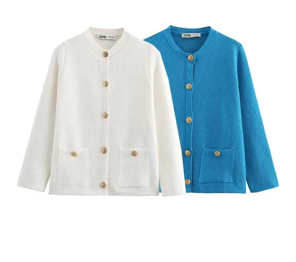 KONDALA 2024 Women Casual Simplicity Knitted Sweater Single Breasted Cardigan O-Neck Pockets Fashion Vintage Women Sweaters