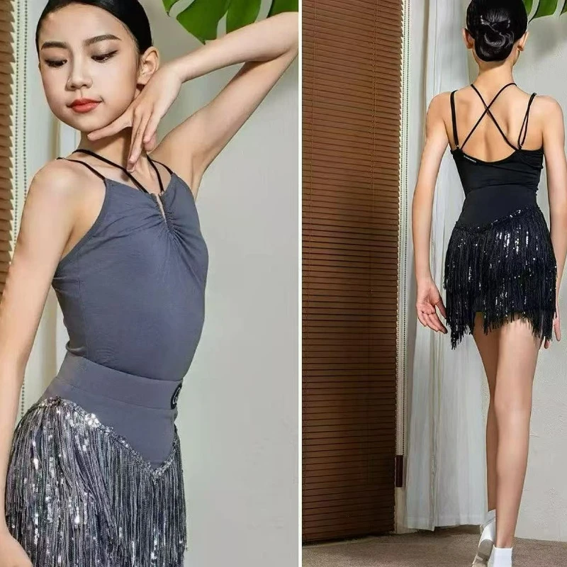 الأطفال اللاتينية الرقص هامش اللباس مجموعة للفتيات عبرت الظهر شرابة Dancewear تشا تشا سامبا الجاز المنافسة أداء زي