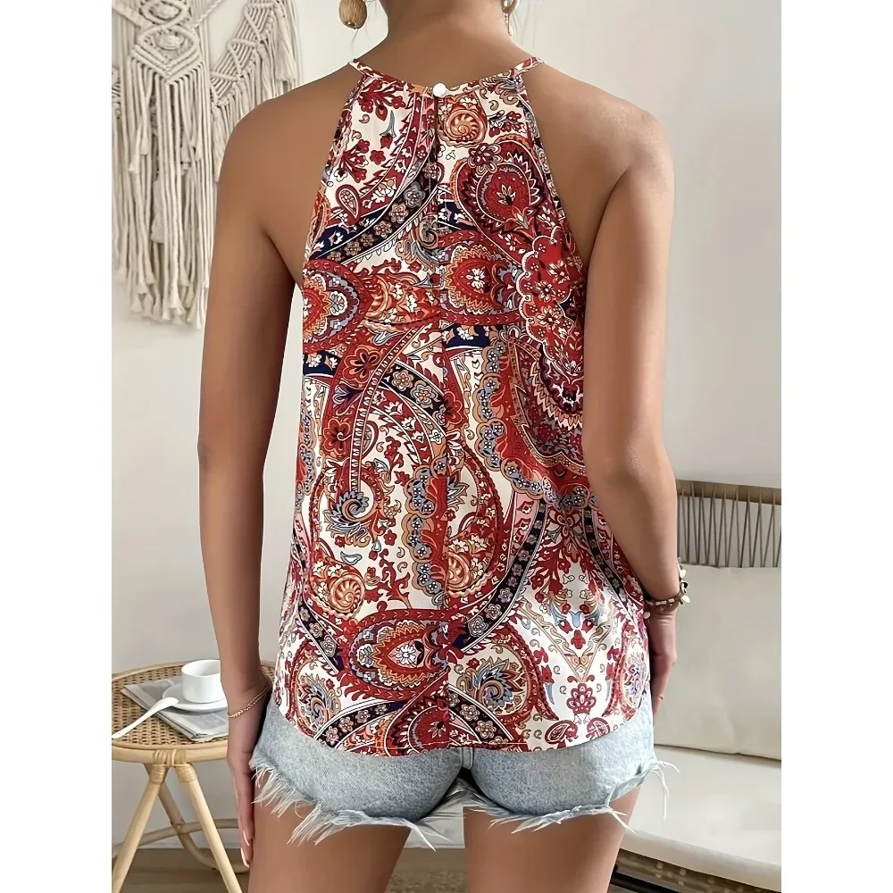 Women Printed Halter Neck Sleeveless Tank Top Button Front Sexy Chic Flattering Breathable Casual Daily Streetwear Comfy