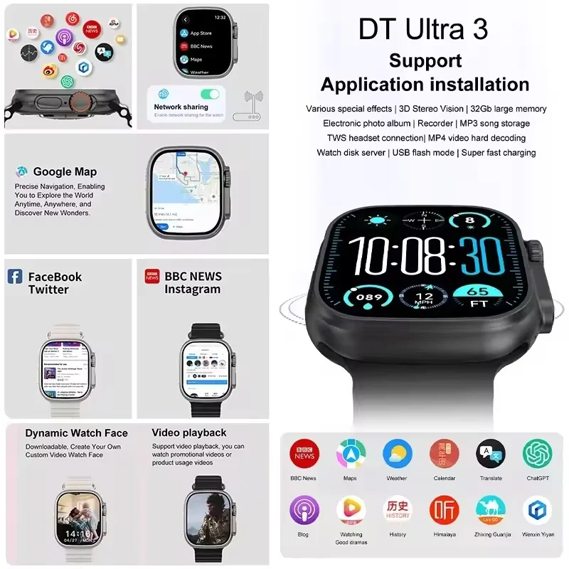DT Ultra 3 Smartwatch Amoled Screen 4GB MP3 MP4 Player Bluetooth Network Sharing APP Store ChatGPT Smart AI Watch Men Sportwatch
