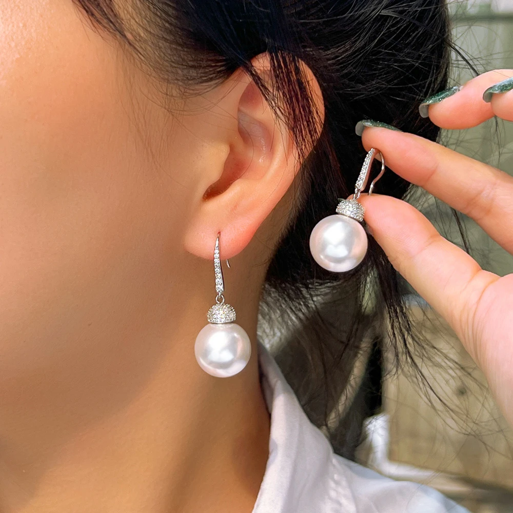 BeaQueen New Korean Style Shiny Cubic Zirconia Hook Dangle Pearl Earrings for Women Elegant Wedding Engagement Jewelry Gift E633