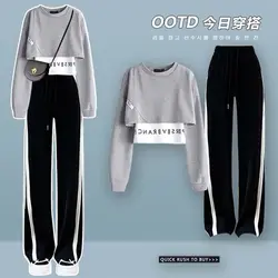 Fashion Set Women Casual Spring Autumn 2 Piece Set Long Sleeve Pullovers Wide Legs Pants Suit