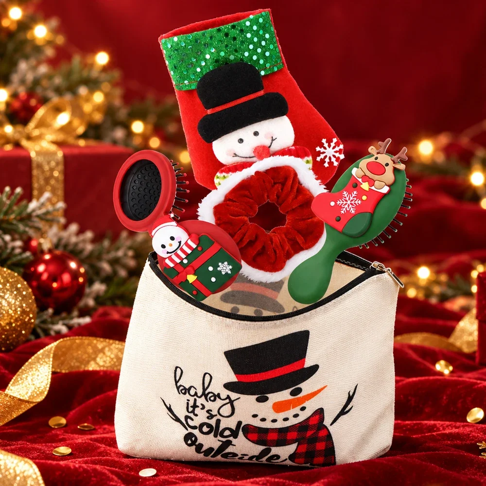 Christmas-Themed Hair Care Gift Set Foldable Air-Cushion Brush Cartoon Christmas Scrunchie Christmas Stocking Accessory Set
