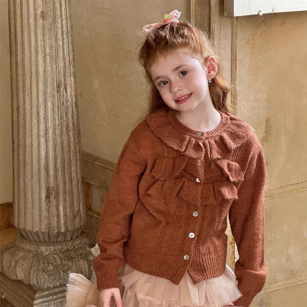 

Toddler Kids Girls Sweater 2025 Autumn Knitting Solid Color Children Girls Knitwear Fashion Lotus Leaf Collar Casual Cardigan