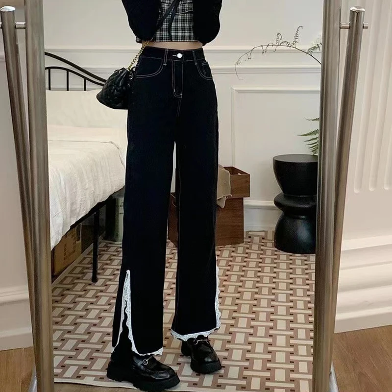 Black Denim Women Autumn High Waist Straight Leg Pants with Lace Trim Side Split Wide Leg Y2k Jeans Loose Denim Trousers Woman