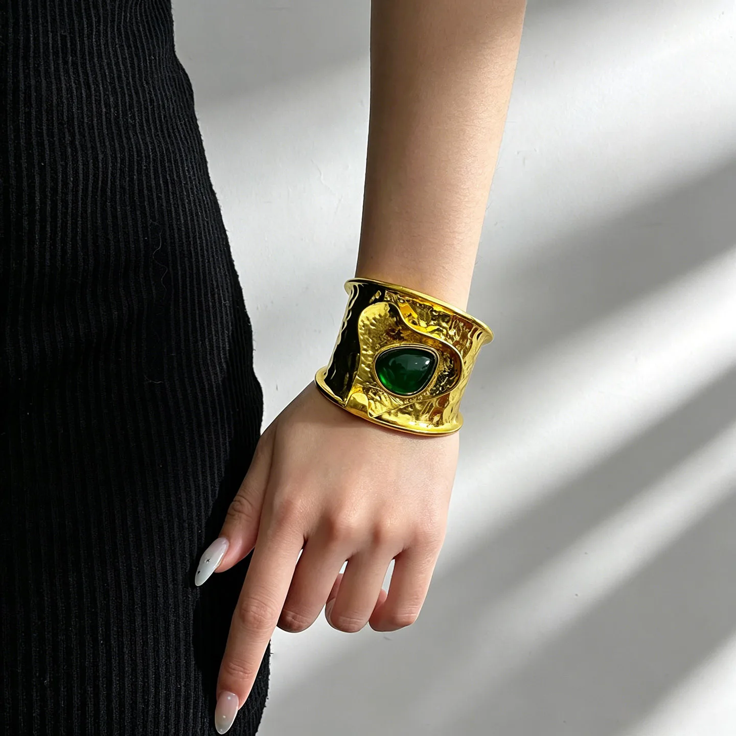 Poplar Forest vintage lotus leaf rolled edge colorful gemstone wide bracelet, vintage gold open bracelet