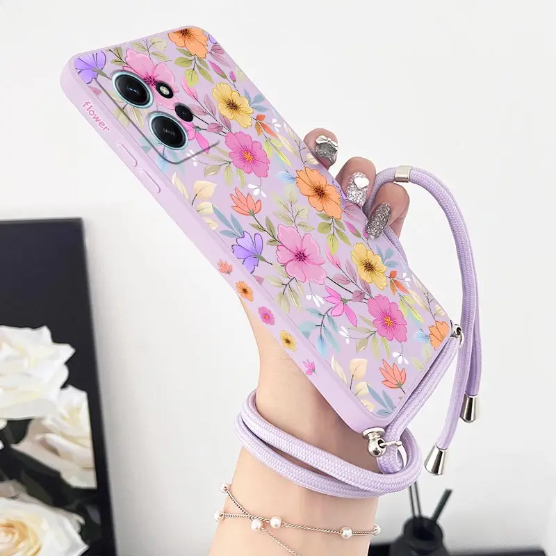 N ote 12 Purple Flowers Lanyard Silicone Phone Case For Xiaomi Redmi Note 12 12Pro 12S 12ProPlus 11T 11S 13Pro 13 13R Cover