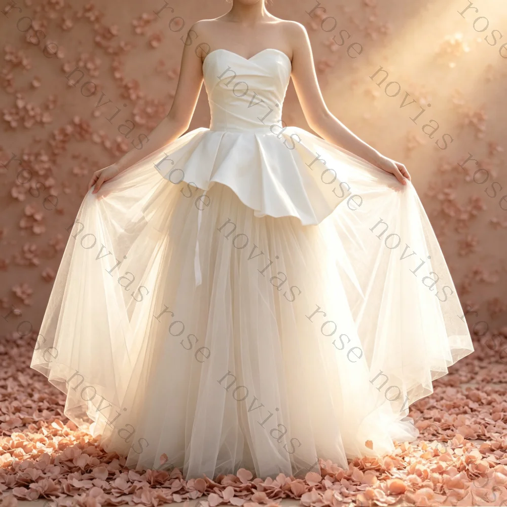 Customize Strapless Sweetheart Satin Peplum Wedding Dress Flowy Tulle A Line Skirt Simple Romantic Garden Elopement Bridal Gown