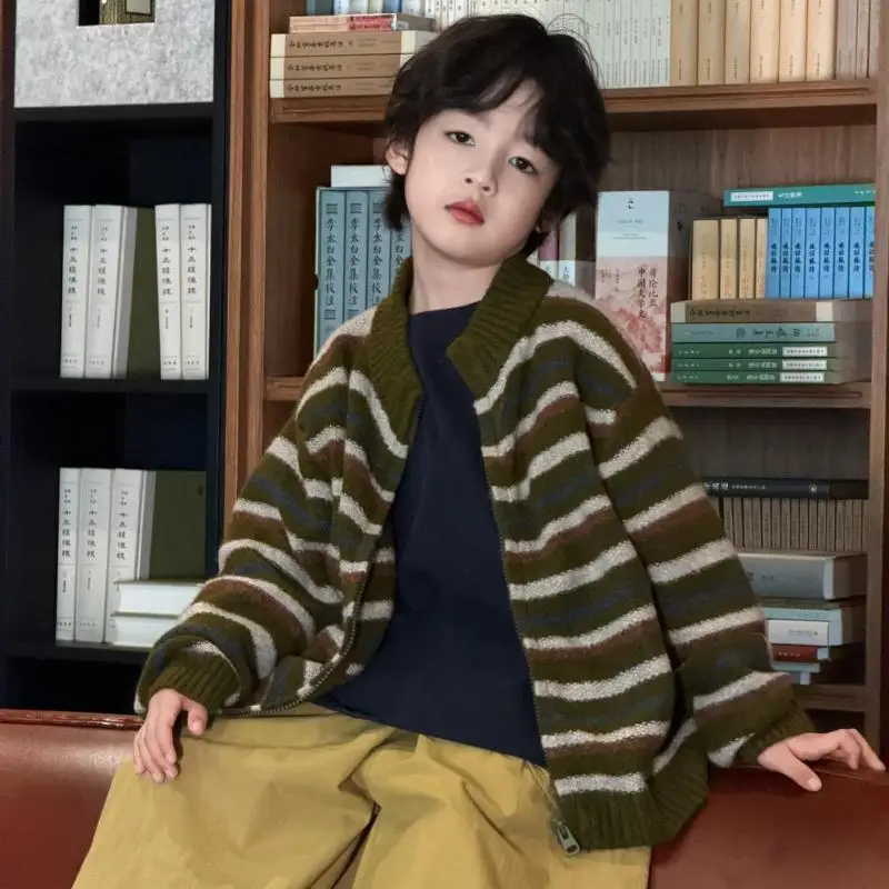 2026 Autumn New Children Sweater Cardigan Fashion Girls Long Sleeve Knitted Coat Cotton Boys Loose Striped Knitwear Kids Clothes
