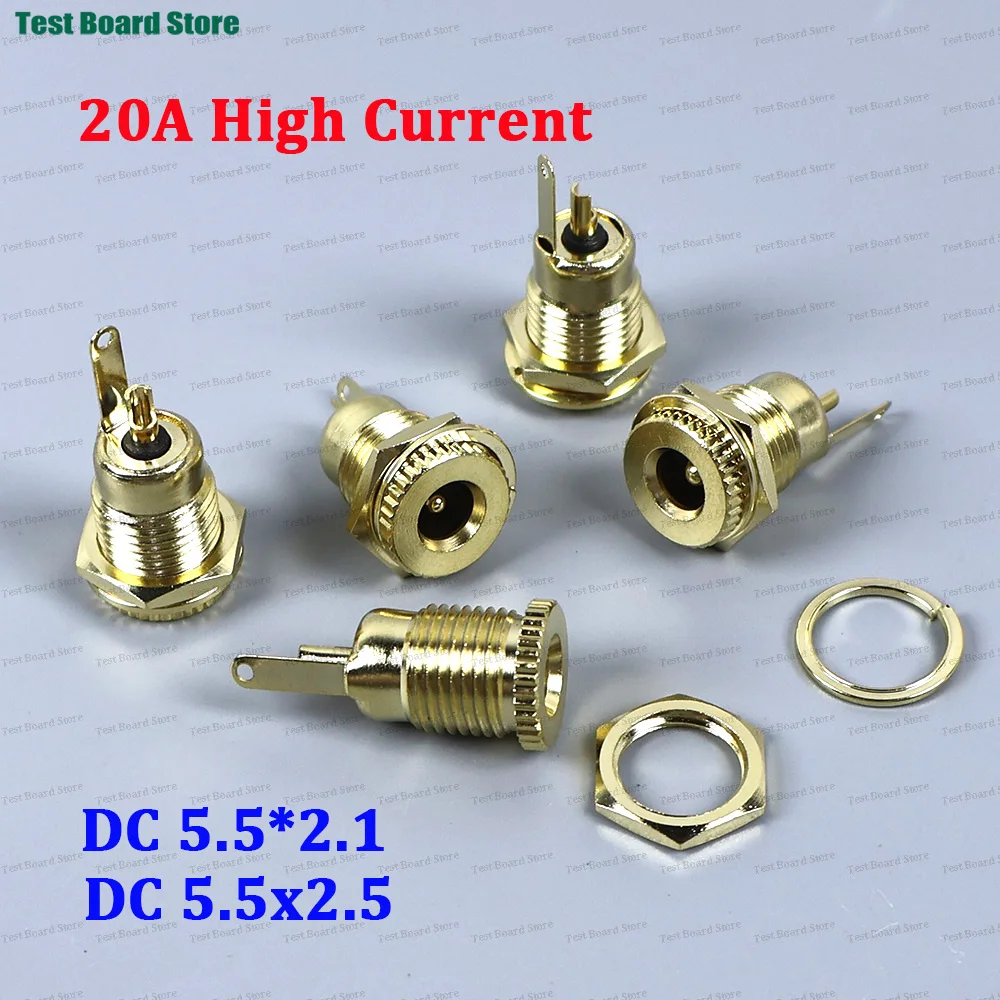 1/5/10Pcs DC 5.5x2.1mm 5.5*2.5 Power Female Jack Socket Nut Panel Mount DC Adapter Connector Gold-plated 30V 20A High Current