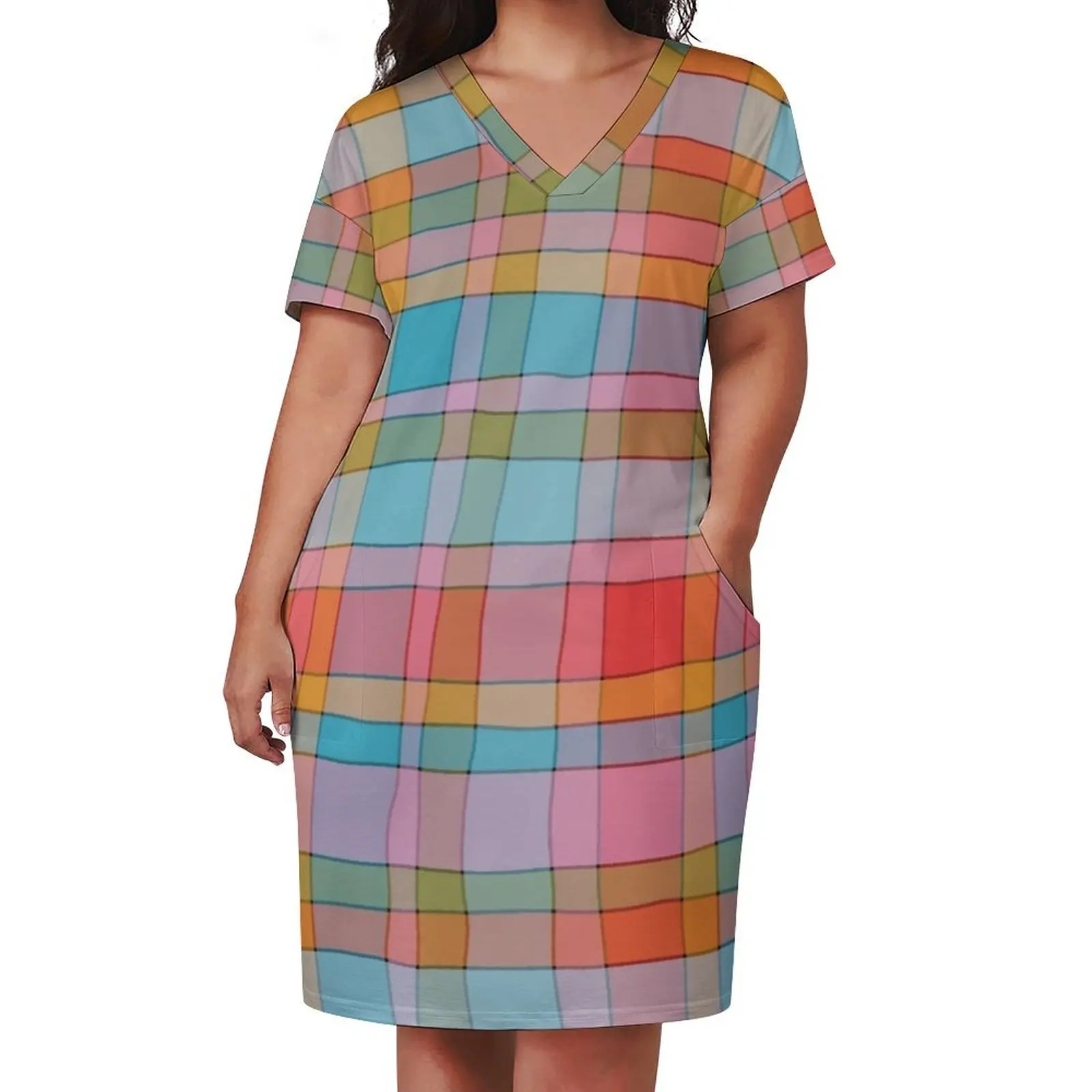 Funky Madras-Robe à carreaux avec poches pour femme, motif à carreaux, rouge, bleu, rose, vert, Ochre, été, 2024