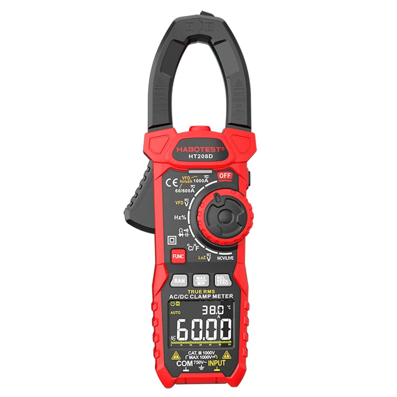 HABOTEST HT208D VFD Digit NCV Capacitance Frequency Inrush 1000A AC DC Amp Digital Clamp Meter Multimeter AC/DC CE
