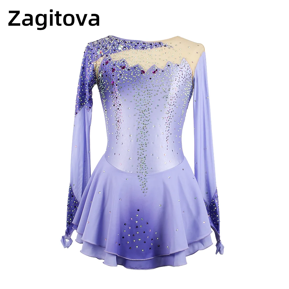 Vestido de patinaje artístico personalizado para mujeres y niñas, falda de manga larga, púrpura claro, patinaje sobre hielo con diamantes de imitación