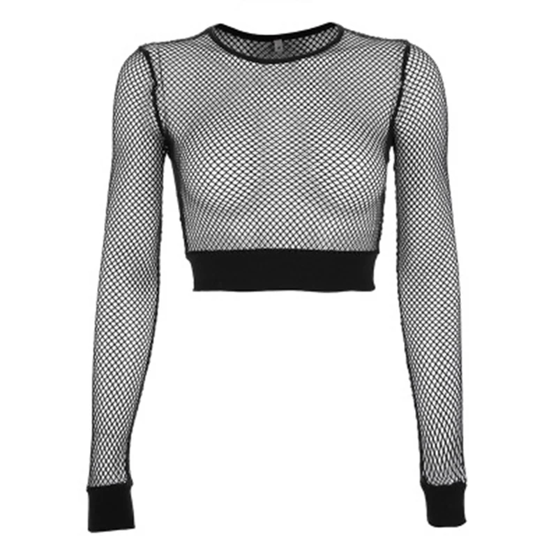 Sexy Black Hollow Out Mesh T-Shirt Female Skinny Crop Top 2024 New Fashion Summer Basic Tops For Women Fishnet Shirt