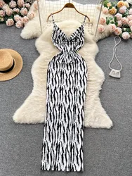 Foamlina Summer Women Striped Print Long Dress Sexy Spaghetti Strap Sleeveless Backless Slim Back Split Club Party Maxi Dresses