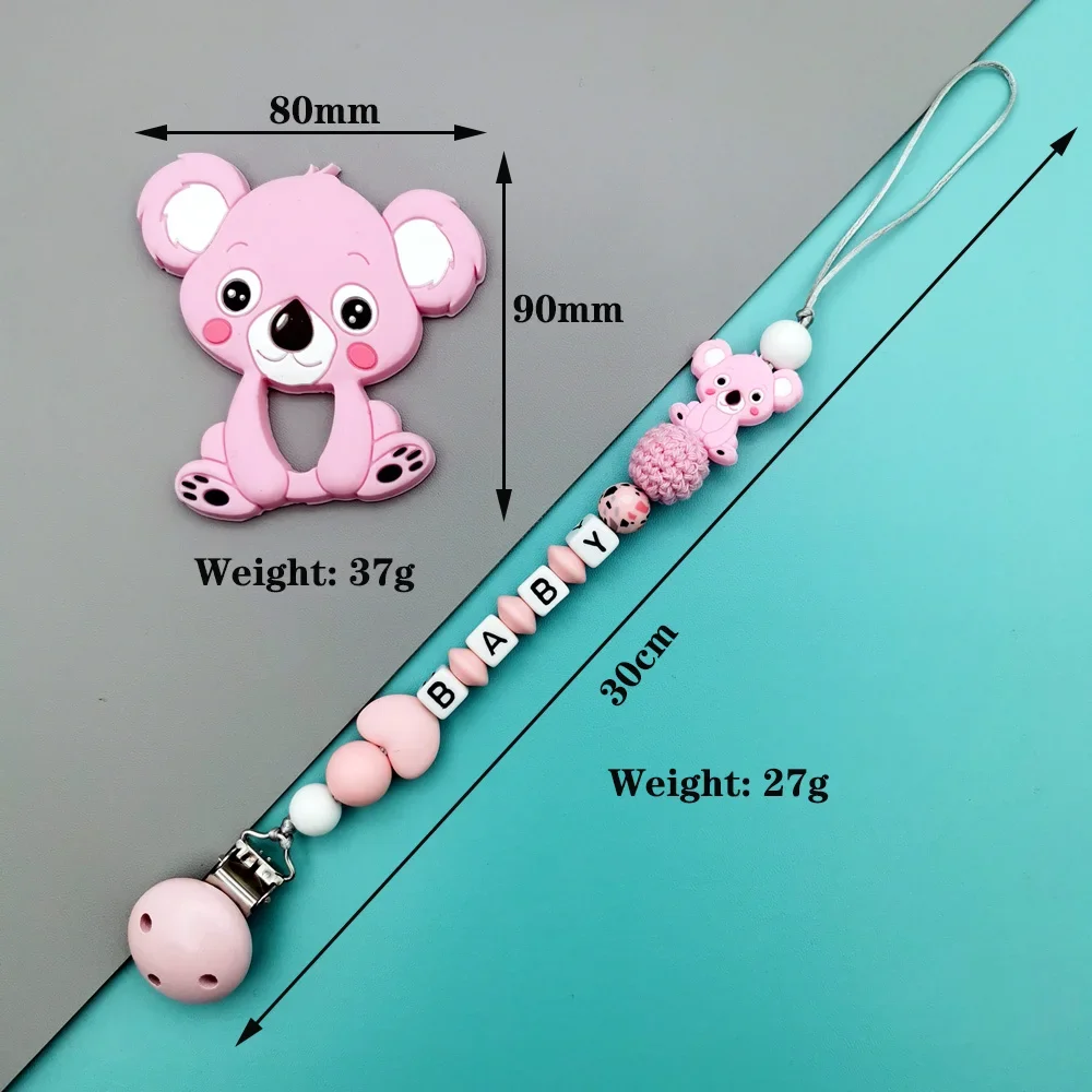 Chupete de Koala de silicona con nombre de letra en inglés y ruso personalizado, Clips, cadenas, colgante mordedor para bebé, chupete para masticar, mordedor Kawaii